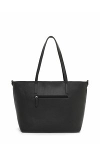 Bolso tote de piel negra con un acabado texturizado, dos asas para el hombro y un bolsillo frontal con cremallera. Diseño simple con un interior espacioso.