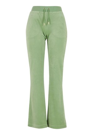 Groene fluweel flarebroek met een elastische tailleband, voorzien van een voorste koord en subtiele logo-borduring op het bovenbeen.