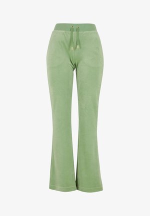 Grüne Velours-Übergrößenhose mit elastischem Bund, ausgestattet mit vorderen Kordeln und dezentem Logo-Stickerei am Oberschenkel.