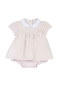 Robe en coton rose pâle avec manches courtes, col blanc, nœud décoratif à l'avant et bloomer assorti. Présente de petits points décoratifs.