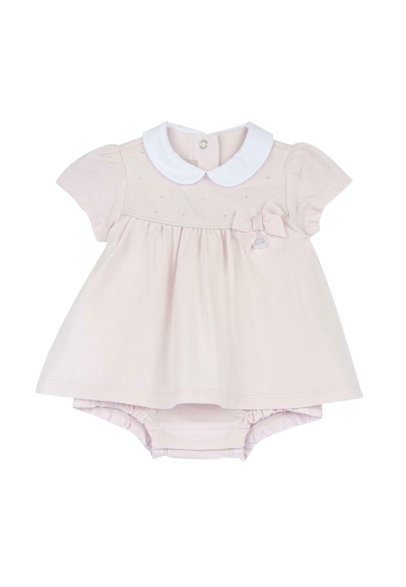 Robe en coton rose pâle avec manches courtes, col blanc, nœud décoratif à l'avant et bloomer assorti. Présente de petits points décoratifs.