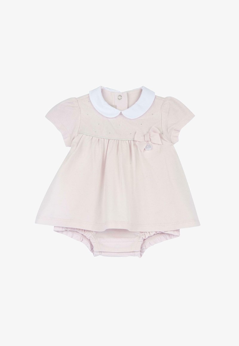 Robe en coton rose pâle avec manches courtes, col blanc, nœud décoratif à l'avant et bloomer assorti. Présente de petits points décoratifs.