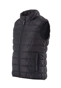 Schwarze gesteppte ärmellose Steppweste mit Frontreißverschluss, hohem Kragen und Seitentaschen, vor weißem Hintergrund gezeigt.