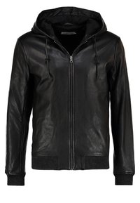 Zwarte leren hoodie-jas met een rits aan de voorkant, verstelbare capuchon met trekkoord en geribbelde manchetten en zoom. Soepele textuur en aansluitend ontwerp.