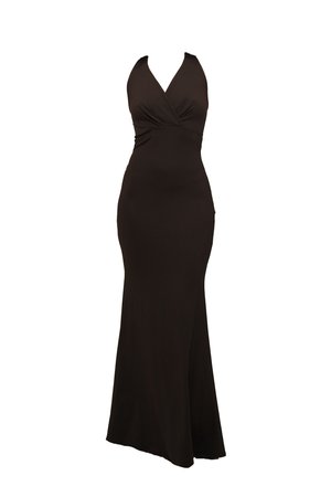 Abito da sera nero con scollo all'americana, silhouette aderente, design avvolgente al busto e gonna lungo il pavimento. Tessuto liscio e elasticizzato.