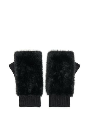 Une paire de gants noirs sans doigts, avec de la fourrure duveteuse sur le devant et des poignets en maille côtelée, sur fond blanc.