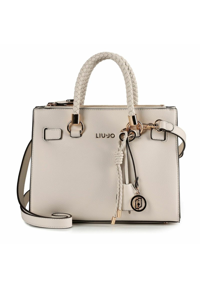 Grijze leren handtas met een gestructureerde vorm, gevlochten handvatten, gouden accenten en een afneembare hanger, voorzien van een ritssluiting.