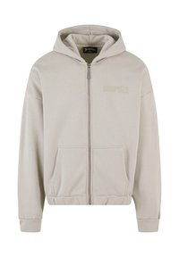 Light beige zip-up hoodie with a drawstring hood, front pockets, ribbed cuffs, and subtle embossed "DROPSIZE" logo on the chest.