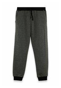 Donkergrijze joggingbroek met zwarte elastische tailleband en boorden, voorzien van zijzakken en een zwarte trekkoord voor aanpassing.
