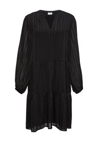 Robe noire avec de longues manches bouffantes, décolleté en V, rayures verticales et jupe à volants. Fabriquée en tissu léger avec une texture fluide.