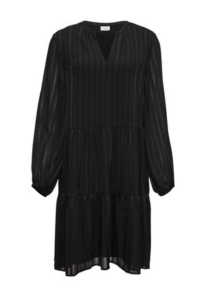 Schwarzes Kleid mit langen Puffärmeln, V-Ausschnitt, vertikalen Streifen und gestuftem Rock. Aus leichtem Stoff mit fließender Textur gefertigt.