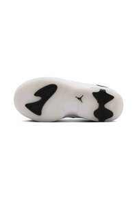 Semelle de chaussure de sport blanche avec une base en caoutchouc texturée et translucide, présentant des détails noirs et un petit logo au centre.