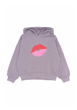 Haut cropped violet avec un graphique de lèvres rouges et roses sur le devant. Fabriqué en tissu doux avec une capuche à cordon et des manches amples.