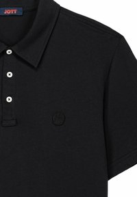 Polo shirt nera realizzata in cotone, con colletto, tre bottoni e un logo ricamato testurizzato sul lato sinistro del petto.