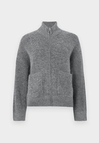 Šedý svetr na zip vyrobený z měkkého materiálu. Má vysoký límec a dvě přední kapsy. Rukávy a spodní lem jsou žebrované s hladkou texturou.