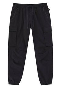 Czarne spodnie cargo z elastycznym pasem, sznurkiem ściągającym, dwiema bocznymi kieszeniami na zamek błyskawiczny oraz wieloma przeszyciami. Zwężane nogawki.