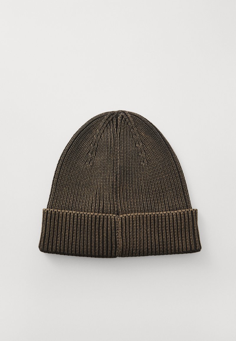 Knitted brown beanie with a ribbed cuff and smooth texture. The crown features a subtle vertical seam pattern.