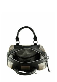 Sac à main en cuir noir avec un intérieur en tissu rayé. Il dispose de deux poignées courtes et d'une fermeture éclair, mettant en valeur un extérieur texturé.