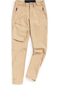 Beige cargo broeken van lichtgewicht stof met meerdere zakken, een zipper-zak aan de zijkant en een gearticuleerd kniedesign.
