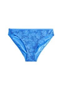 Blå baddräktstrosa med ett blommigt spetsmönster, med en slät yta och elastiskt midjeband. Designen är låg midja och sitter bekvämt.