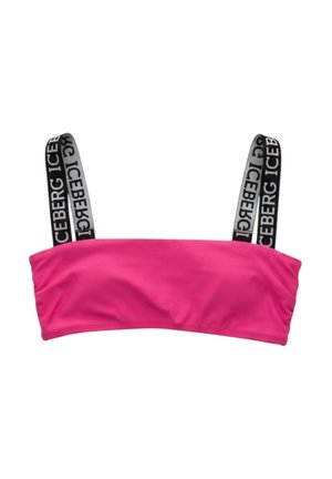 Top bikini bandeau rosa acceso con spalline nere e bianche stampate ripetutamente con la parola "ICEBERG".