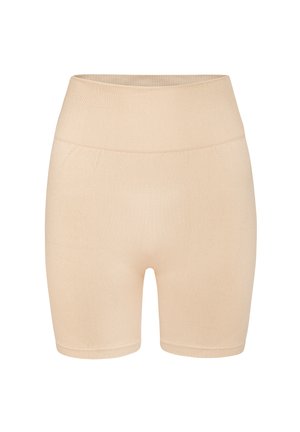 Beige hoogoplopende shapewear shorts gemaakt van rekbare stof. Kenmerkt zich door een brede, geribbelde tailleband en een gladde, textuurgevoelige beenopening.