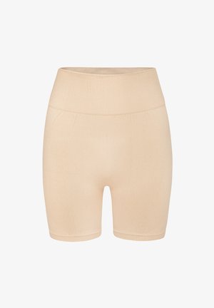 Beige hoogoplopende shapewear shorts gemaakt van rekbare stof. Kenmerkt zich door een brede, geribbelde tailleband en een gladde, textuurgevoelige beenopening.