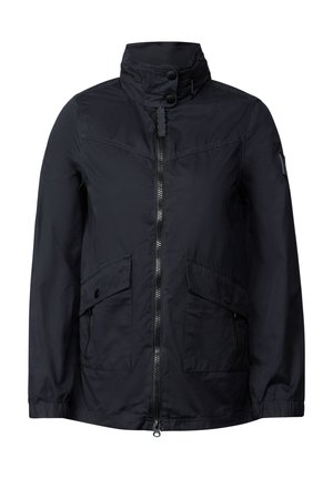 Veste légère bleu foncé avec un col montant, fermeture éclair à l'avant, deux grandes poches avec rabats et poignets élastiques pour un look ajusté.