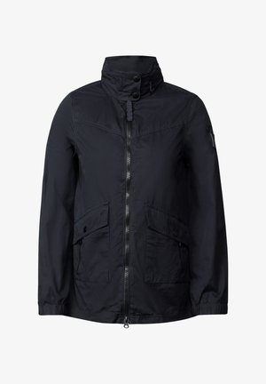 Ciemnoniebieska, lekka kurtka z wysokim kołnierzem, z przodu na zamek, dwoma dużymi kieszeniami z klapkami i elastycznymi mankietami dla dopasowanego wyglądu.