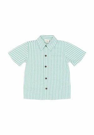 Camisa de manga corta con botones en rayas blancas y verde claro, con un bolsillo en el pecho y botones marrones. Fabricada con tela transpirable.