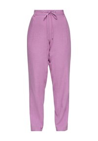 Pantalons en lin lavande à taille à cordon, avec deux poches latérales verticales et une texture lisse. Comprend des accents métalliques sur les cordons.