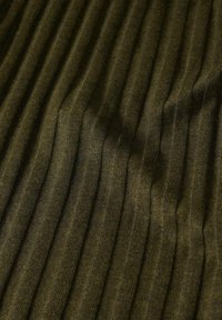 Tessuto verde oliva con una trama a righe verticali, caratterizzato da sottili variazioni di tono. Materiale morbido con una qualità leggermente elastica.