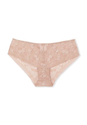 Spitzen-Bikini-Unterwäsche in sanftem Rosa mit floralen Mustern und gewellten Kanten. Hergestellt aus zartem, elastischem Stoff.