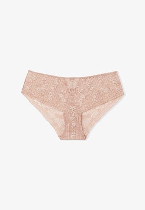 Spitzen-Bikini-Unterwäsche in sanftem Rosa mit floralen Mustern und gewellten Kanten. Hergestellt aus zartem, elastischem Stoff.