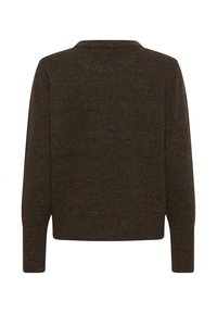 Rjav pleteni pulover z okroglim izrezom, dolgimi rokavi in sproščenim krojem, z mehko teksturo in minimalističnim dizajnom.