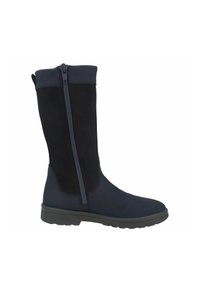 Mid-calf navy blue boots with a smooth leather upper and suede panel, featuring a side zipper and textured rubber sole for grip.