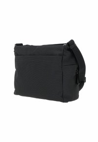 Borsa a tracolla nera con tessuto testurizzato, chiusura con zip, tracolla regolabile e tasca posteriore, caratterizzata da una forma rettangolare.