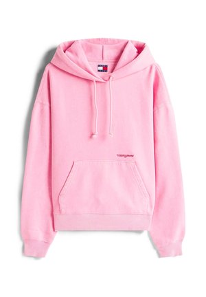 Rosa Kapuzensweatshirt mit Kängurutasche, verstellbarem Kordelzug an der Kapuze, Rippbündchen an Ärmeln und Saum sowie einem kleinen Logo auf der Vorderseite. Weiche Stoffstruktur.