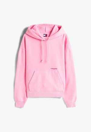 Rosa Kapuzensweatshirt mit Kängurutasche, verstellbarem Kordelzug an der Kapuze, Rippbündchen an Ärmeln und Saum sowie einem kleinen Logo auf der Vorderseite. Weiche Stoffstruktur.