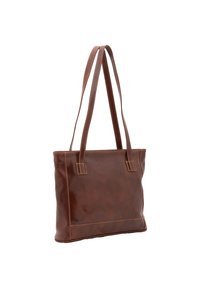 Borsa a spalla in pelle marrone con una texture liscia, due lunghe tracolle e cuciture in contrasto. Forma rettangolare con base piatta.