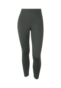 Leggings de cintura alta en verde oliva oscuro, hechos de tela suave y elástica con un corte ceñido y costuras planas para mayor comodidad.