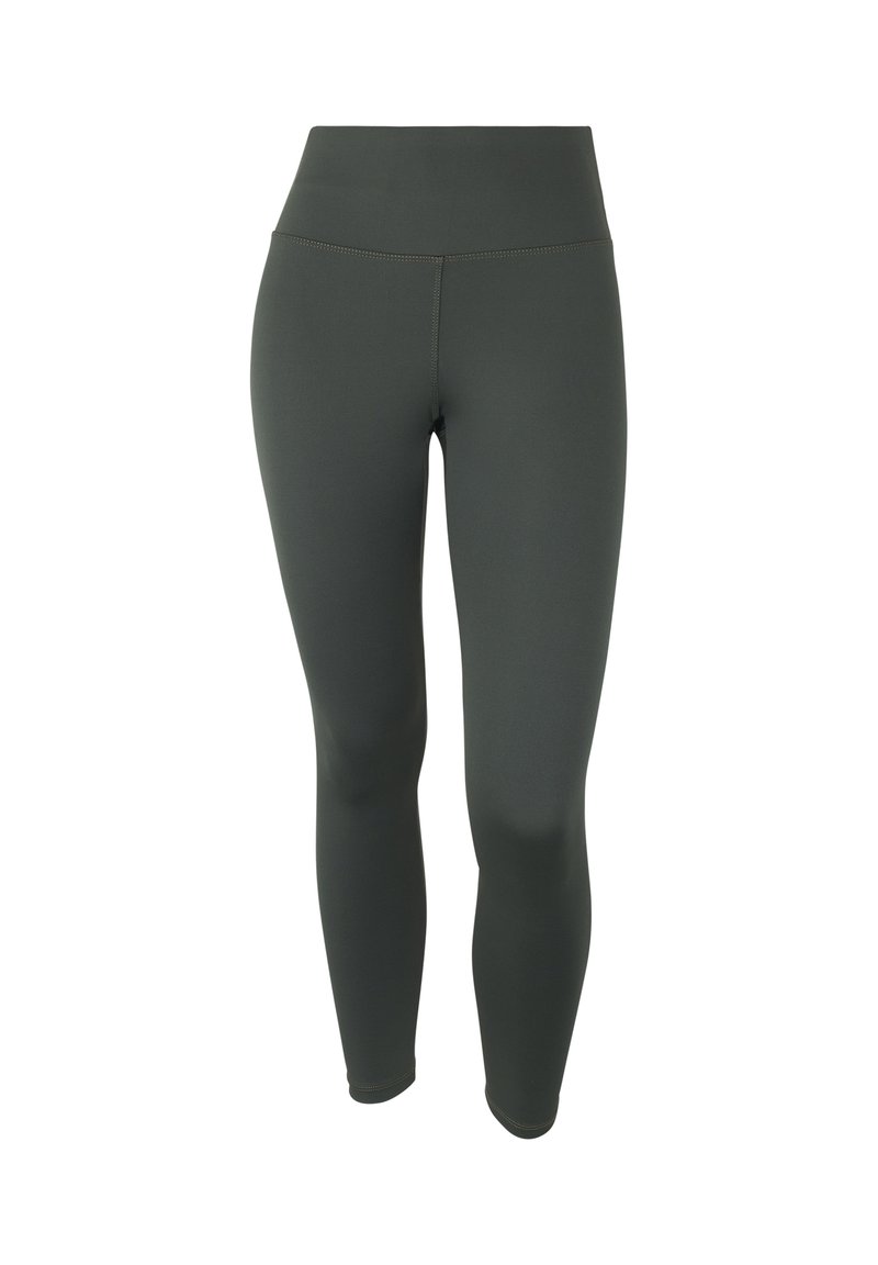Leggings de cintura alta en verde oliva oscuro, hechos de tela suave y elástica con un corte ceñido y costuras planas para mayor comodidad.