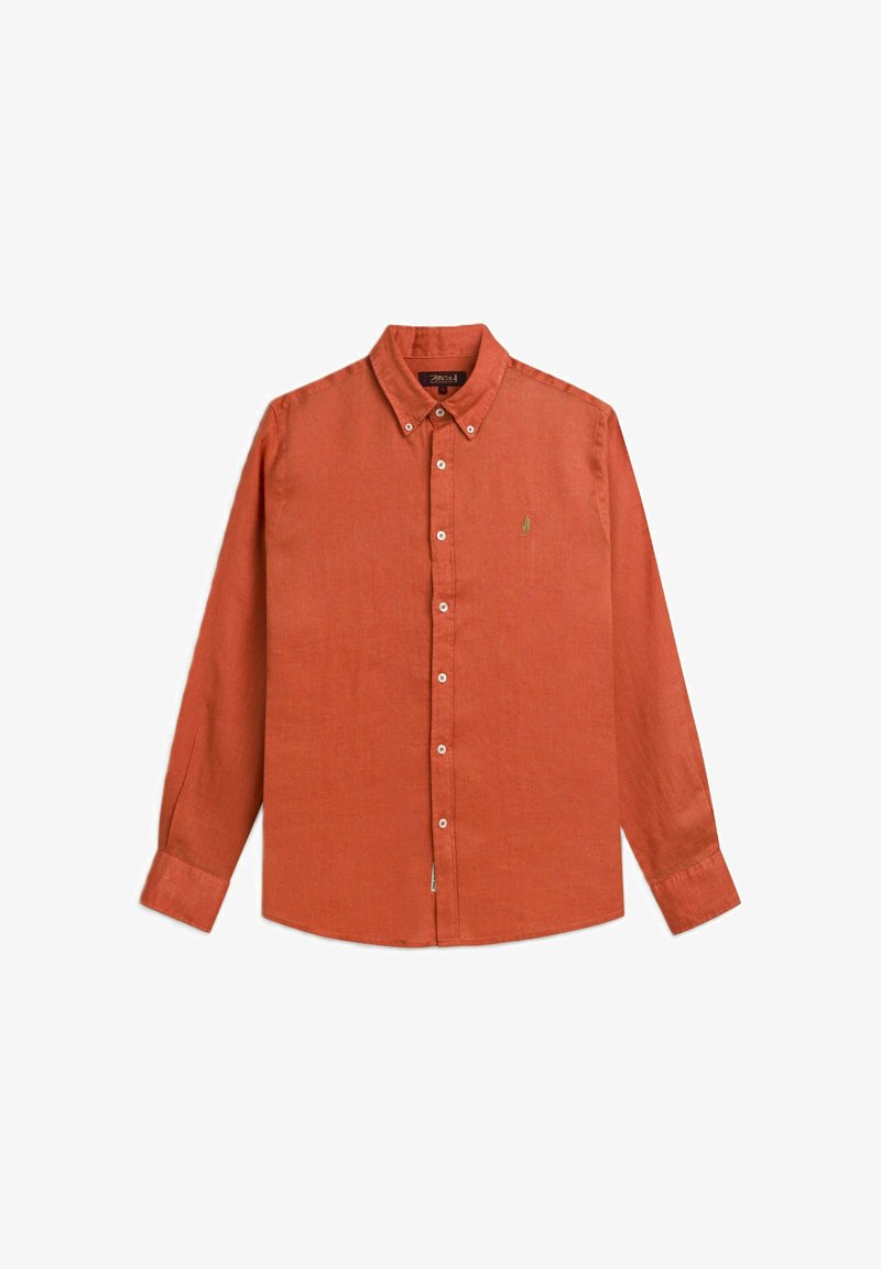Camicia a maniche lunghe in lino color arancio bruciato. Presenta un colletto a camicia, bottoni bianchi e un piccolo logo verde ricamato sul petto.