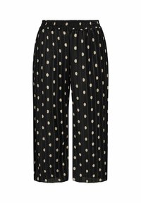 Schwarze Plisseehose mit elastischem Bund und cremefarbenen Polka-Dots, losen Schnitt und leichtem, strukturiertem Stoff.