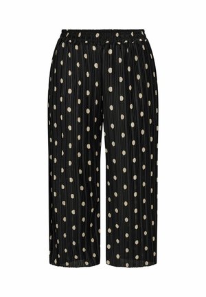 Pantaloni neri plissettati con vita elasticizzata e pois crema, caratterizzati da una vestibilità comoda e un tessuto leggero e testurizzato.