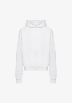White hooded sweatshirt with a front pocket, relaxed fit, ribbed cuffs, and hem. Smooth fabric with a minimalistic design.