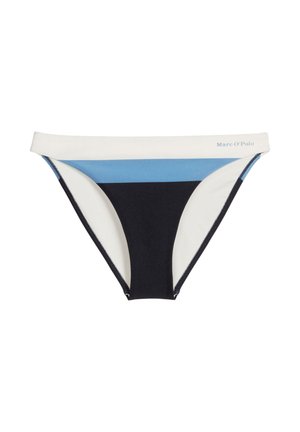 Damen-Bikinislip mit breitem weißem Bund, hellblauem Streifen und schwarzem Frontpanel, mit dem Markenlogo "Marc O'Polo" auf dem Bund.