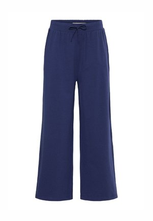 Marineblaue weit geschnittene Hose aus weichem Baumwoll-Mix, ausgestattet mit einem elastischen Bund und einem Kordelzug, der einen lockeren Sitz bietet.