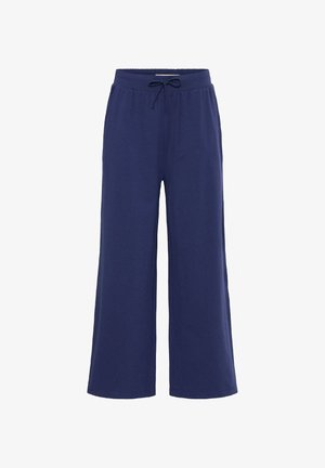Pantalones de pierna ancha azul marino, hechos de una suave mezcla de algodón, con una cintura elástica y cordón de ajuste, que ofrecen un ajuste relajado.