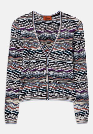 Cardigan multicolor cu un model ondulat în nuanțe de negru, mov și albastru. Are guler în V, mâneci lungi și închidere cu butoane pe față.